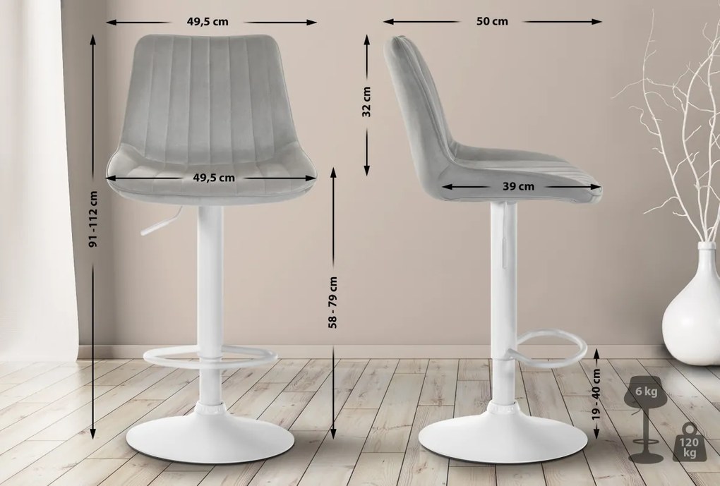 2x Barová stolička Toni - zamat, biely rám Sivá