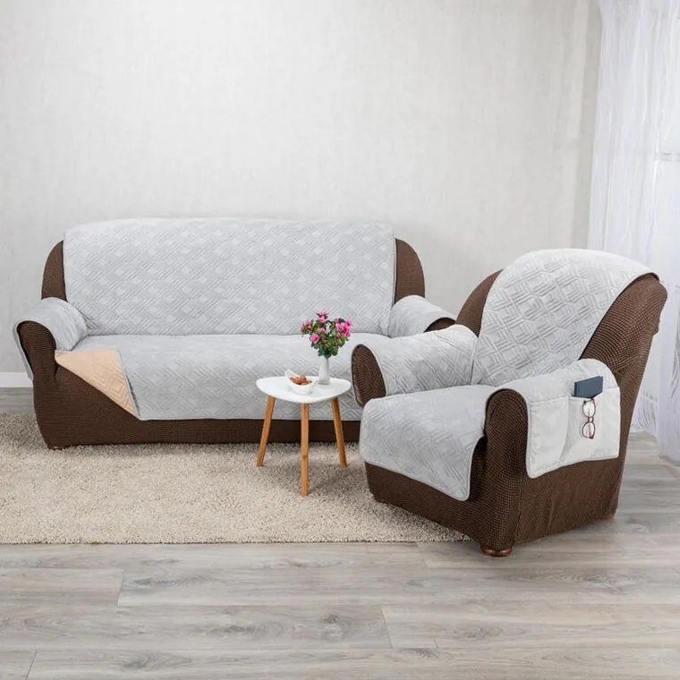 Prikrývky s opierkami CRYSTAL šedé trojkreslo - sedák 170 cm