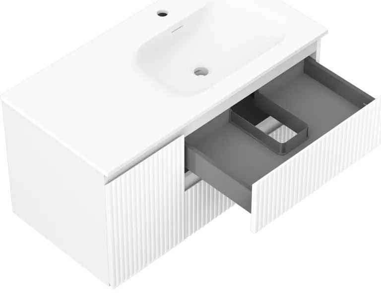 Mexen Rivel, kúpeľňová skrinka 90 cm s pravým umývadlom Vela, 2S, 1D, drážkovaná, biela matná, 91A23-09047-3-BBFFF01-W23P01