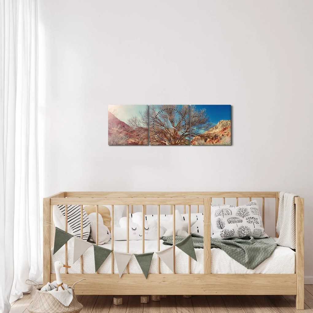 Obraz stromu v púšti (s hodinami) (90x30 cm)