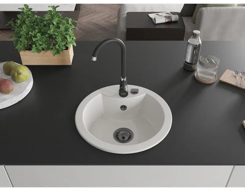Mexen Diego, 1-komorový granitový drez 488x488x167 mm, čierny sifón, čierna matná batéria Telma, biela, 6512-20-670200-70