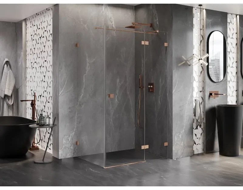 Mexen Lunar T, sklopný pravý sprchový kút 115 x 80 cm, 8mm číre sklo, profil medená matná, 834T-115-080-65-00-P