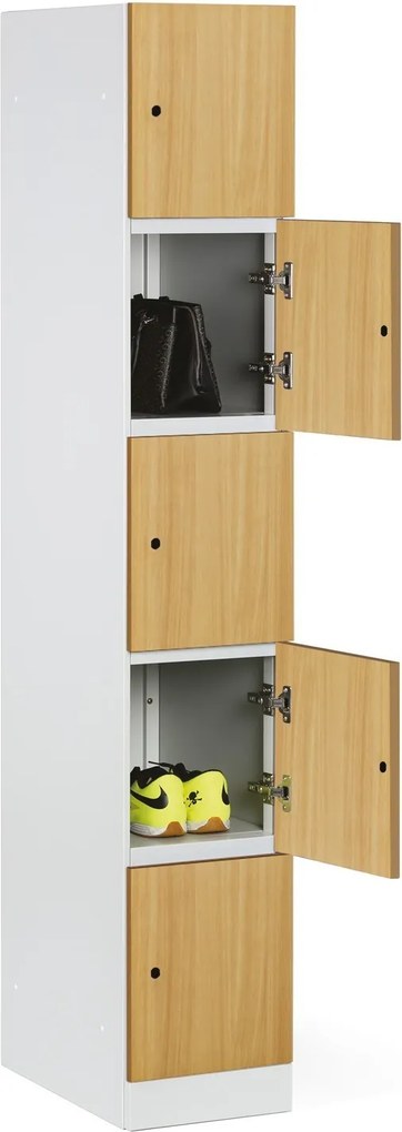 Šatníková skrinka S1 s úložnými boxmi, 5 boxov, 1850 x 300 x 500 mm, mechanický kódový zámok, laminované dvere, orech