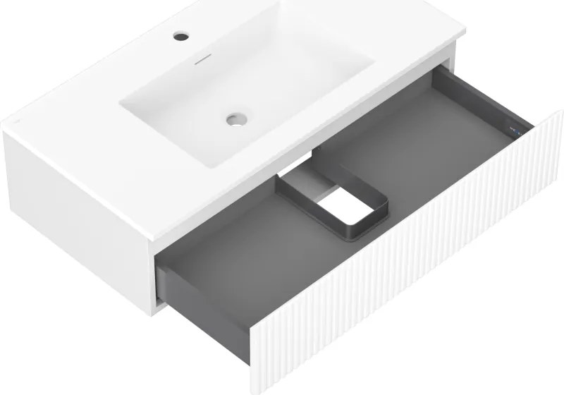Mexen Rivel, kúpeľňová skrinka 90 cm s umývadlom Otis, 1 zásuvka, drážkovaná, biela matná, 91A20-09023-1-BF01-W18M01