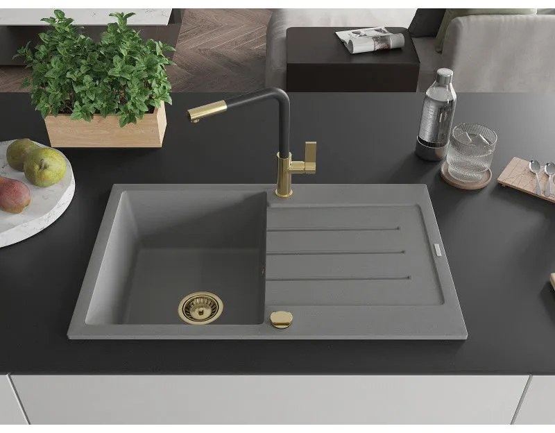 Mexen Bruno, 1-komorový granitový drez 795x495x200 mm a drezová batéria Flora, šedá, 6513-71-670401-57-G