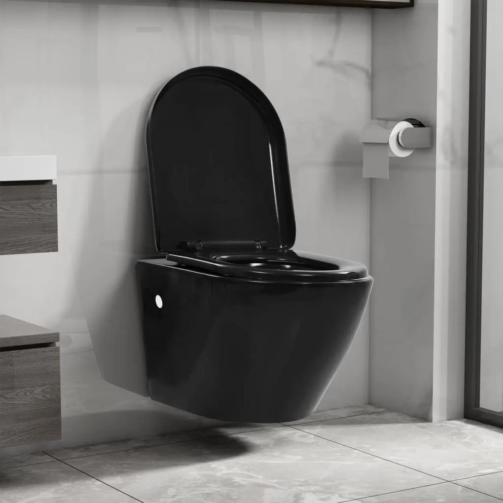 vidaXL Nástenné bezokrajové WC čierne keramické