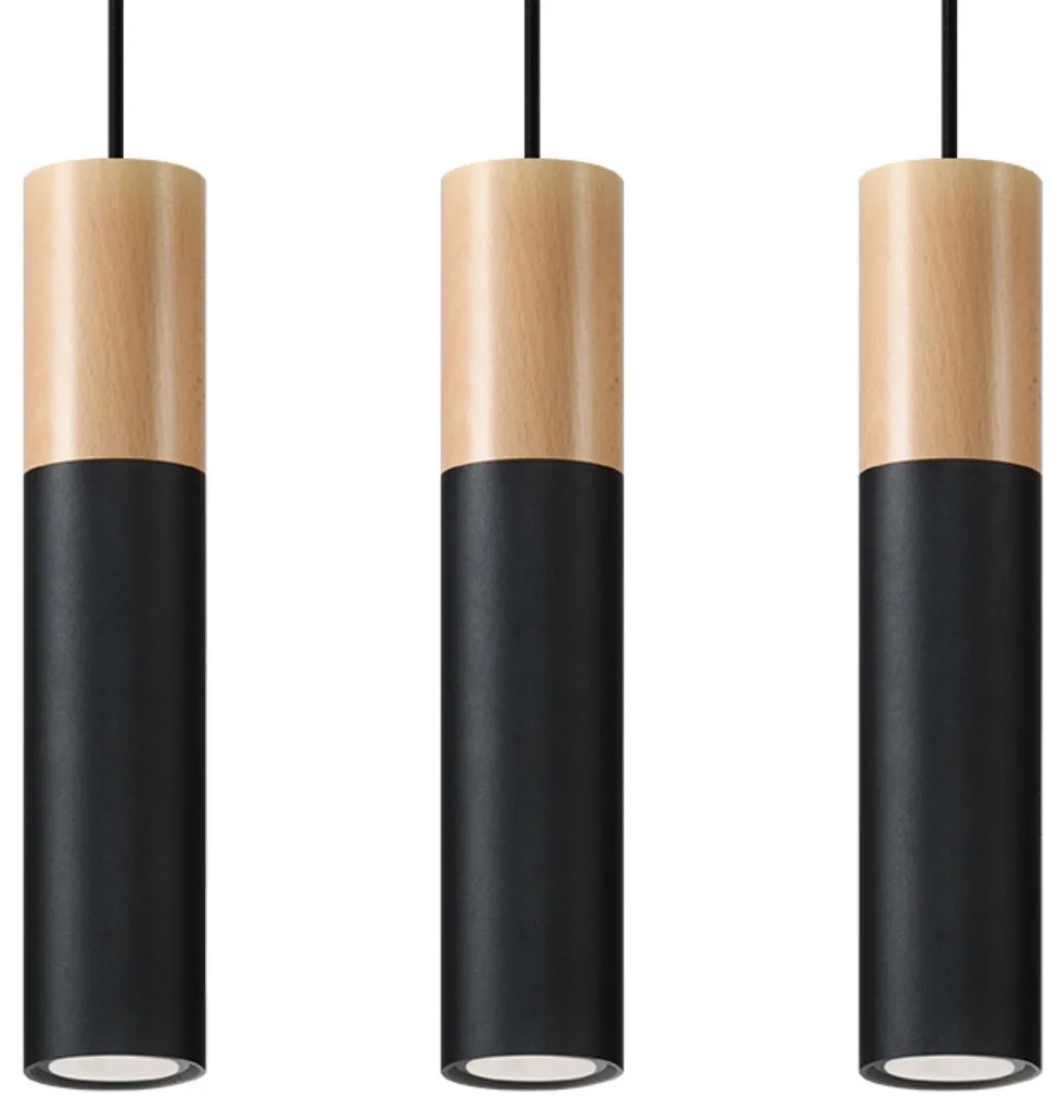 Závesné svietidlo Pablo, 3x drevené/čierne kovové tienidlo