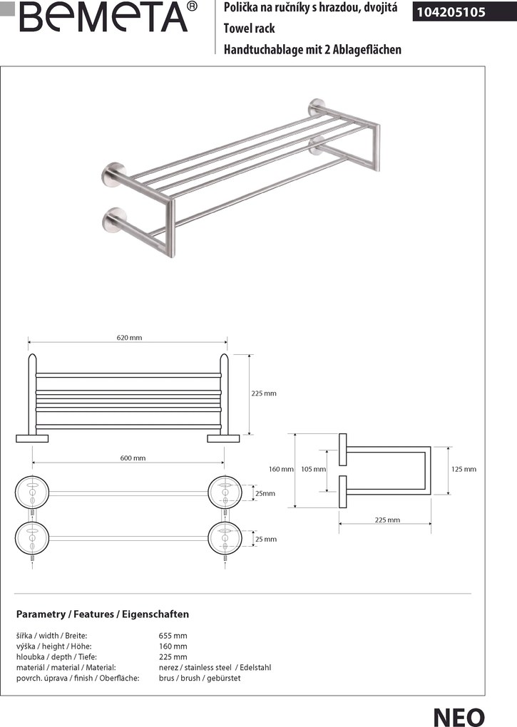 Bemeta Design NEO: Držiak uterákov, 600 mm, dvojitý, s hrazdou - 104205105
