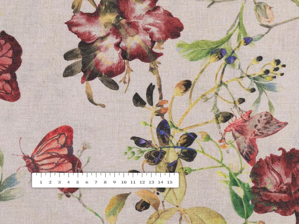 Biante Dekoračný behúň na stôl PML-083 Kvety a motýle na béžovom 20x180 cm