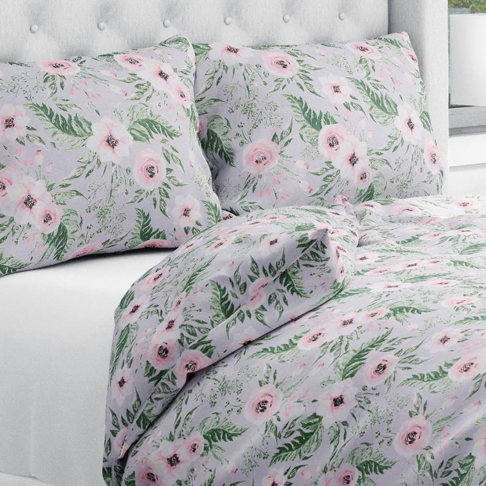 Biante Bavlnené posteľné obliečky Sandra SA-178 Kvitnúce ruže na sivom Jednolôžko 140x200 a 70x90 cm