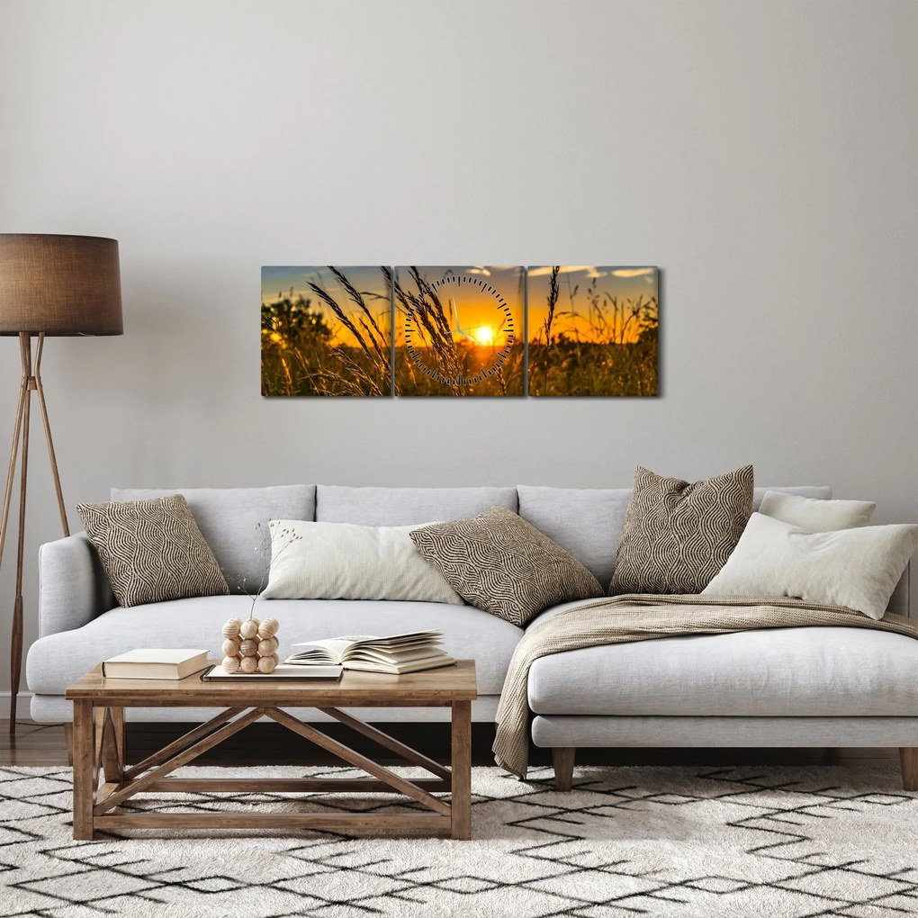Obraz pole pri západe slnka (s hodinami) (90x30 cm)