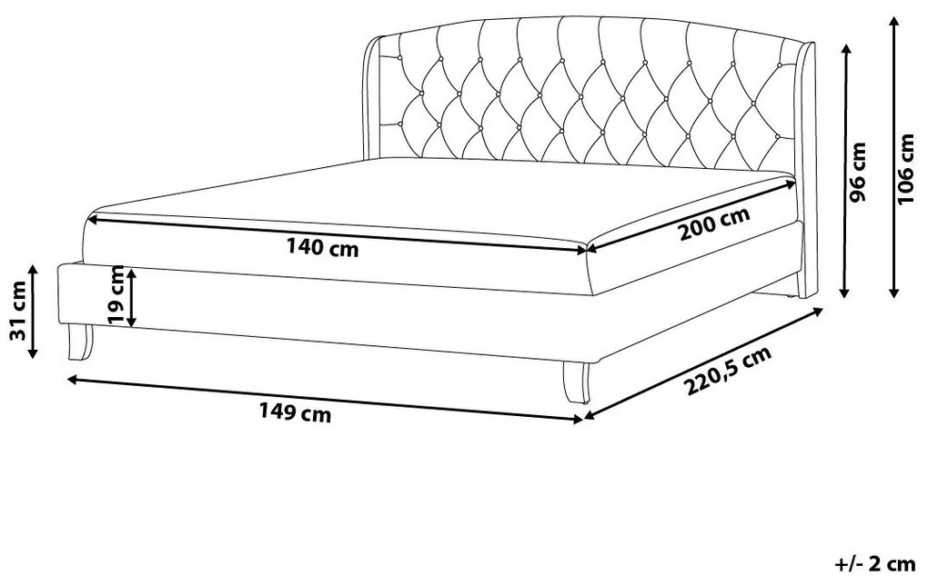 Svetlosivá čalúnená posteľ Chesterfield 140x200 cm BORDEAUX Beliani