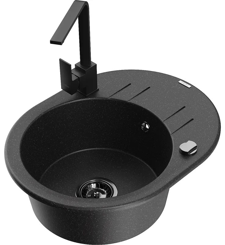 Mexen Kevin, drez granitový 586x458x190 mm, 1-komorový a čierna matná batéria Rita, čierna - strieborná metalíza, 6517-73-670300-70-B