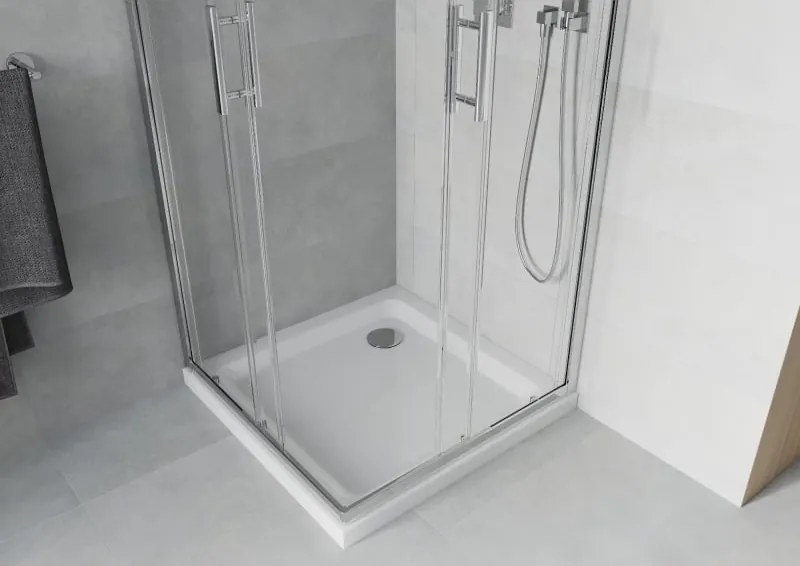 Mexen Rio štvorcová sprchová kabína 90 x 90 cm, transparentná, chróm + sprchová vanička Flat, biela