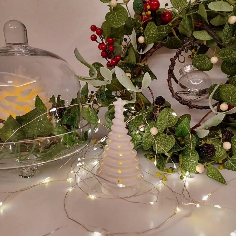 DECOLED Keramický stromček, 6,2 x 6,2 x 11,2 cm, teplá biela, 2xLR44