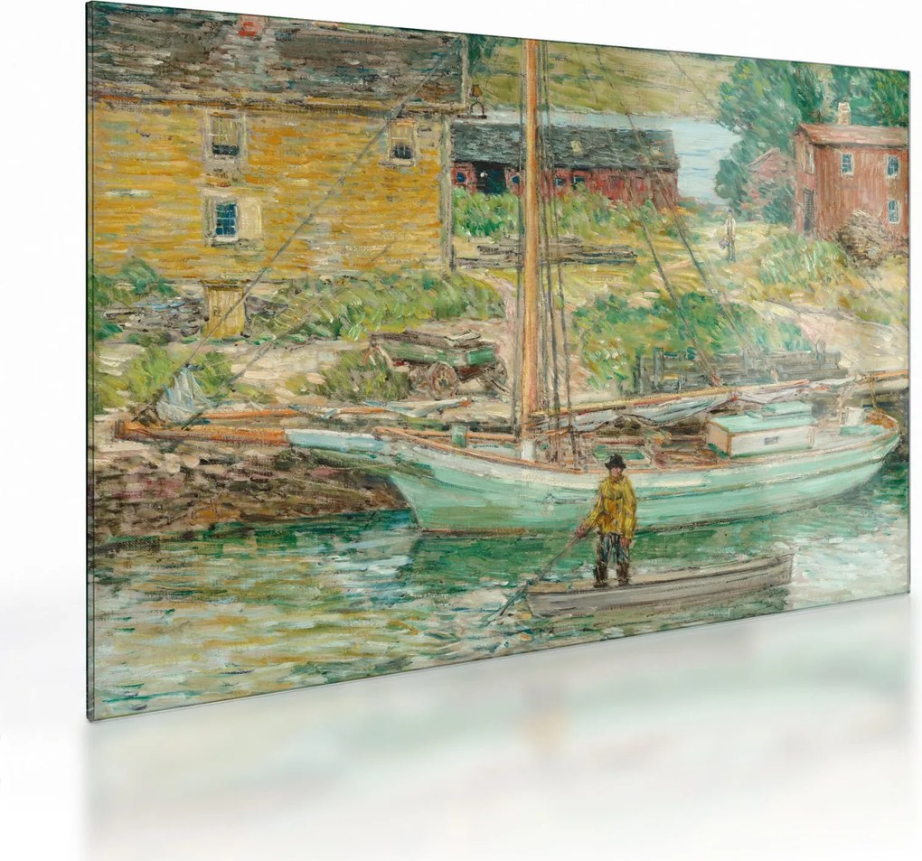 Sklenený obraz - Childe Hassam, Oyster Sloop, Cos Cob, reprodukcia (70x50 cm)