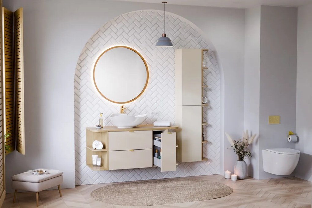 Závěsná skříňka Dalia Cashmere Ovalia s deskou a umyvadlem 100 cm kašmírová/dub cremona