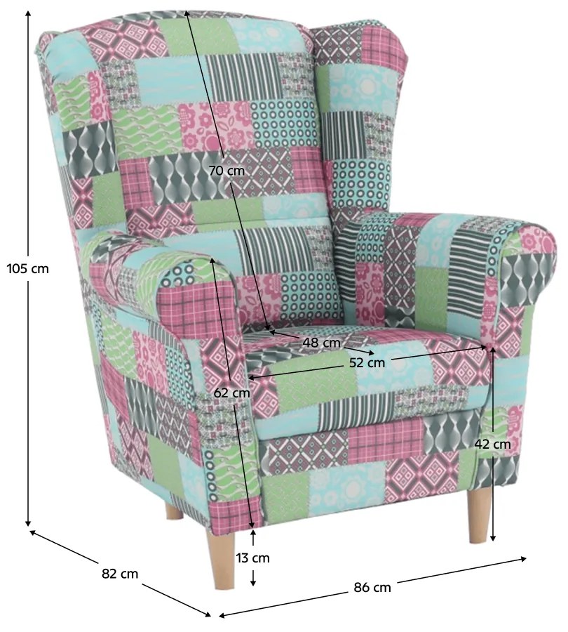 Tempo Kondela Kreslo ušiak, látka patchwork, CHARLOT