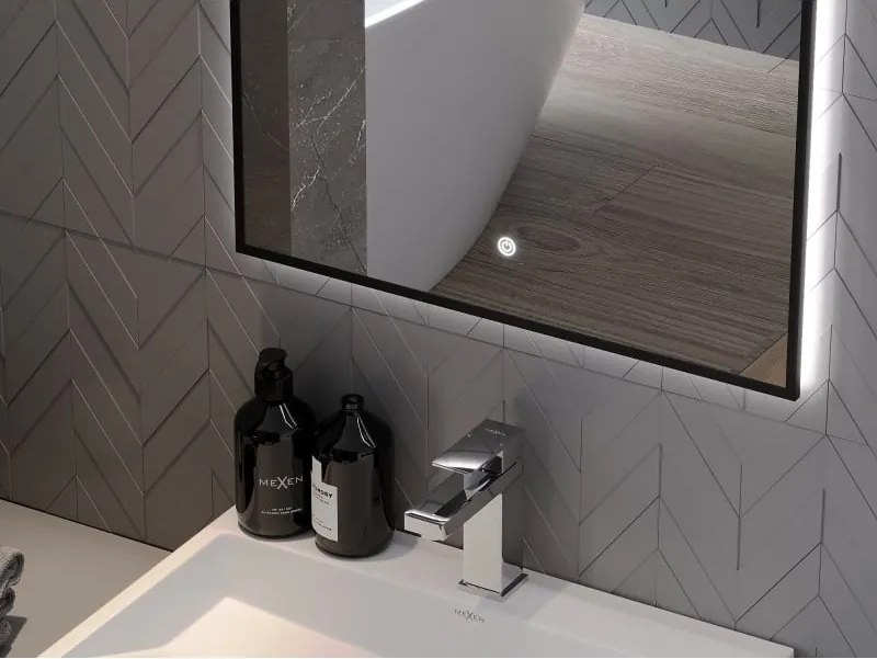 Mexen Erma LED podsvietené kúpeľňové zrkadlo 50 x 70 cm, LED 6000K, anti-pára, čierny rám - 9814-050-070-611-70