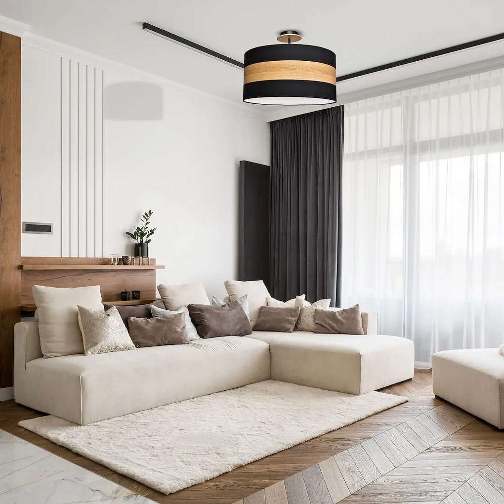 Stropné svietidlo Terra, 1x drevené/čierne textilné tienidlo, drevo