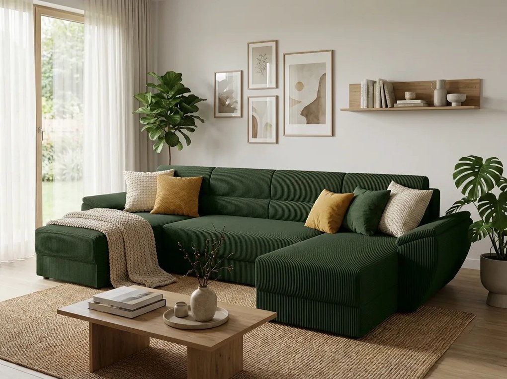 Rozkladacia sedacia súprava do U TAVERO 321x140 cm, tmavozelená