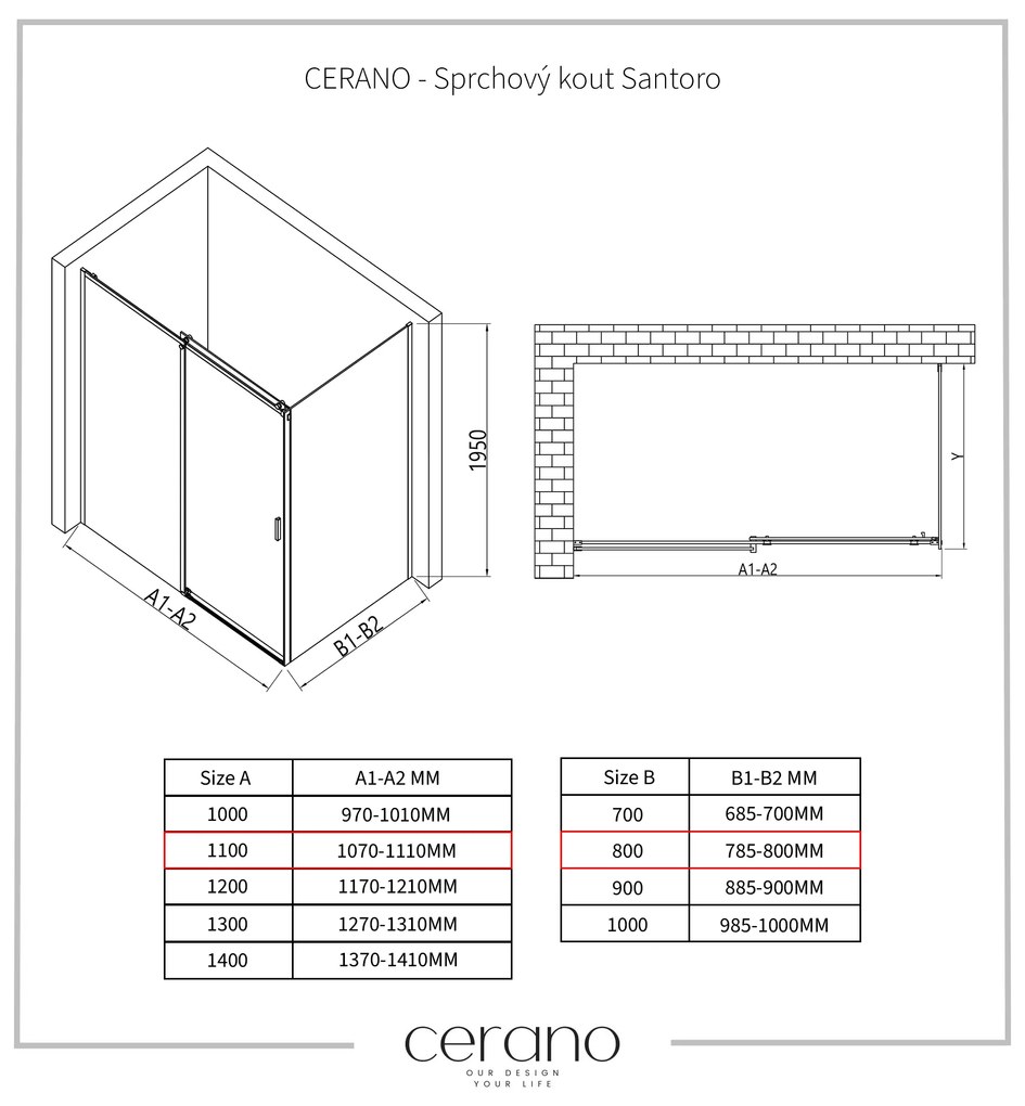 Cerano Santoro, sprchový kút s posuvnými dverami 110(dvere) x 80(stena) x 195 cm, 6mm číre sklo, čierny profil, CER-CER-431485