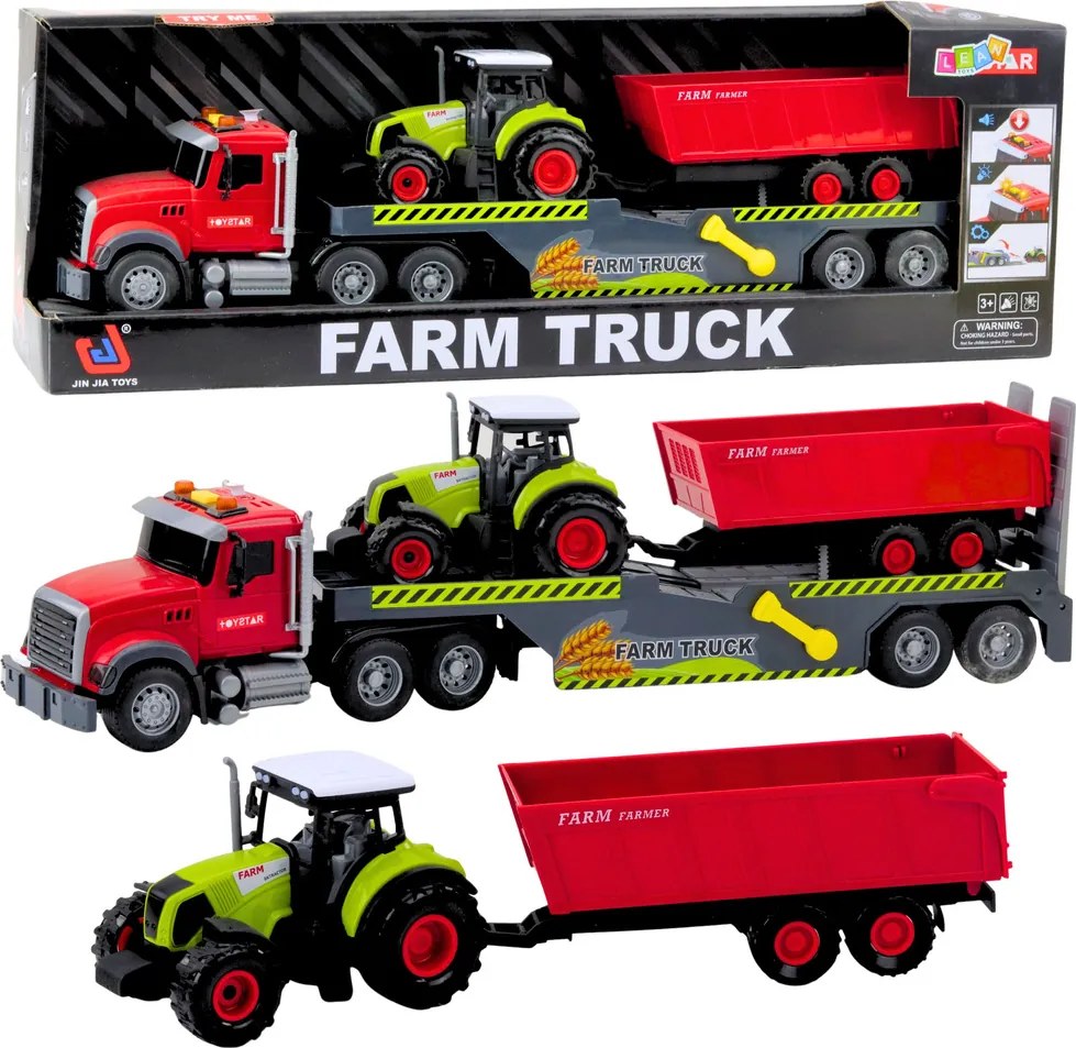 LEAN Toys Sada ťahač traktor s prívesom, svetlá a zvuky, červená