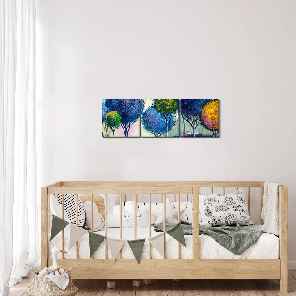 Obraz kopulovitých stromov, olejomaľba (s hodinami) (90x30 cm)