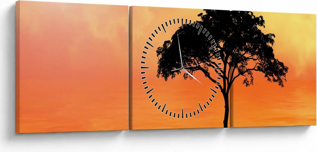 Obraz stromu pri západe slnka (s hodinami) (90x30 cm)