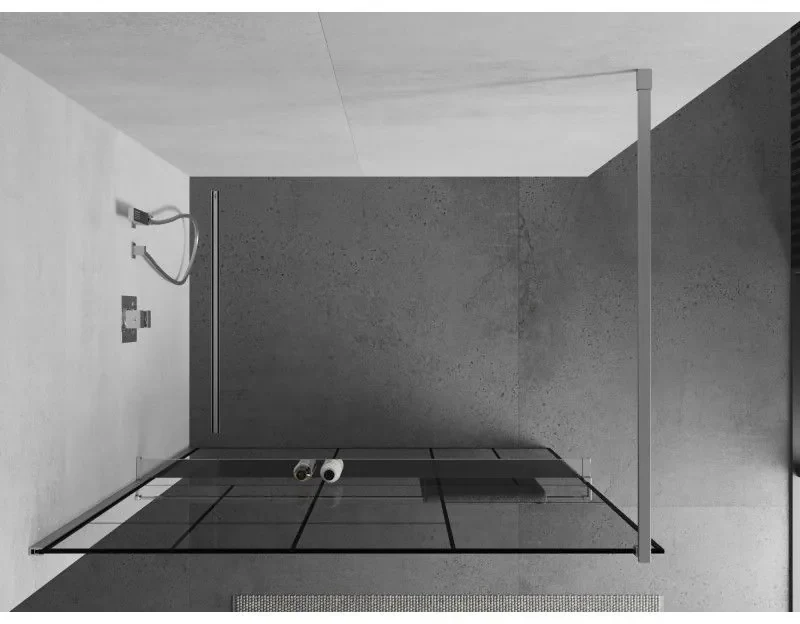 Mexen Kioto+, sprchová zástena s poličkou a držiakom na uteráky 120 x 200 cm, 8mm číre sklo vzor čierny, chrómový profil, 800-120-121-01-78