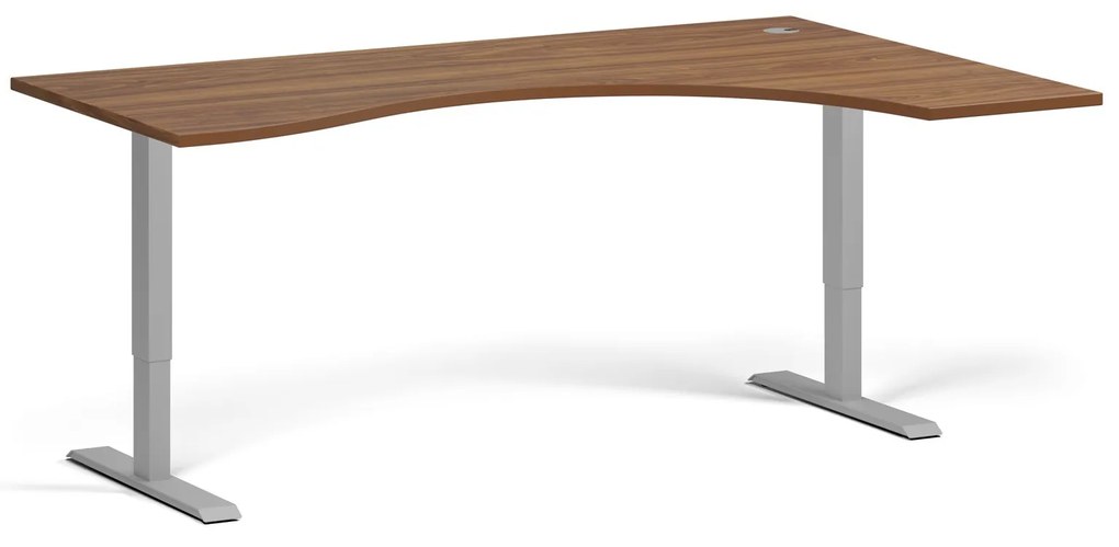 Ergonomický výškovo nastaviteľný stôl, 180x120 cm, 1 motor, L/P, sivá podnož, orech