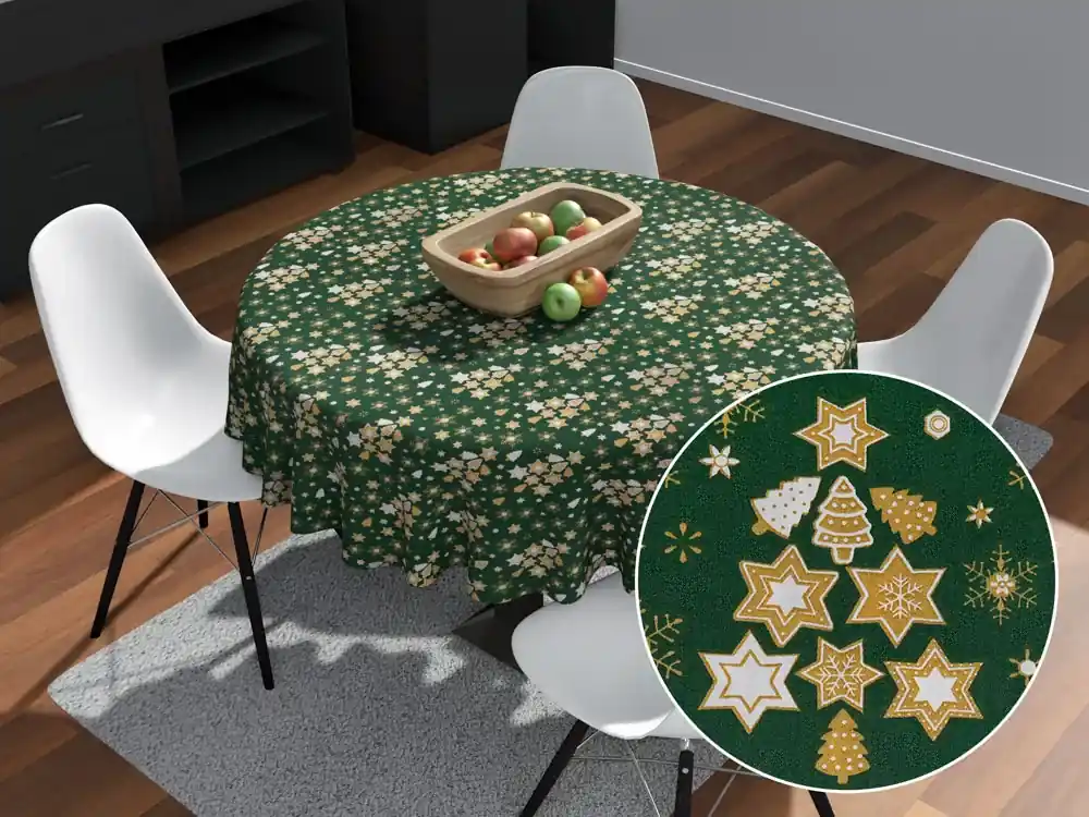 Biante Vianočný bavlnený okrúhly obrus Sandra SA-407 Hviezdičky a stromčeky  na zelenom Ø 120 cm | BIANO