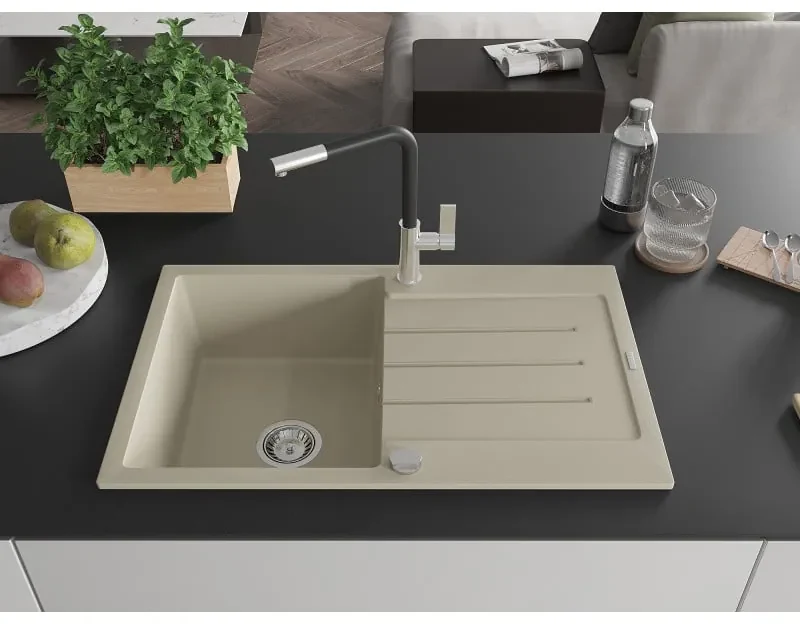Mexen Bruno, 1-komorový granitový drez 795x495x200 mm a drezová batéria Flora, béžová, 6513-69-670401-07