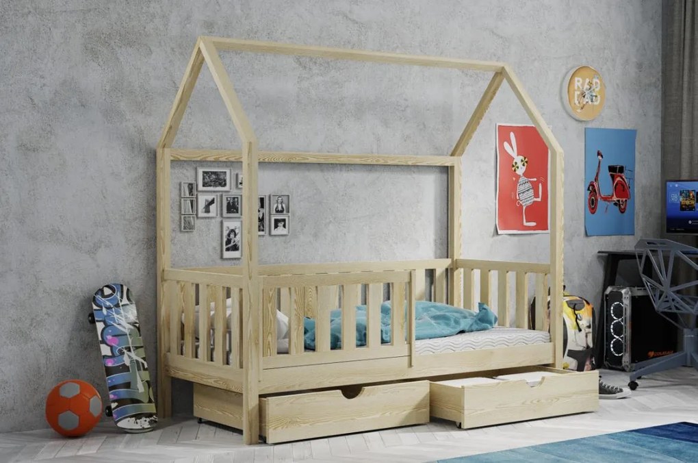 Detská domčeková posteľ z masívu borovice MAGDA so šuplíkmi - 200x90 cm - PRÍRODNÁ BOROVICA