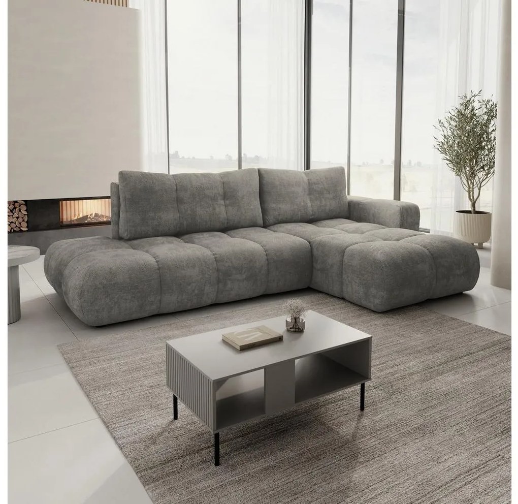 Rozkladacia rohová čalúnená sedacia súprava s úložným priestorom v tvare L ALMADA pravá sivá
