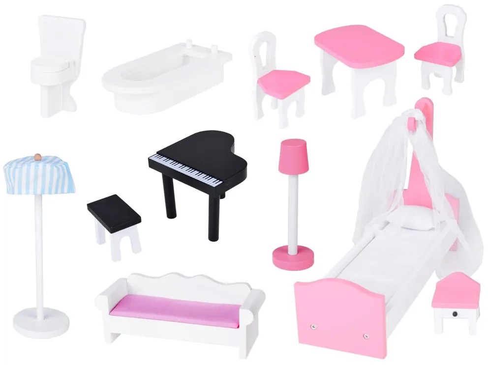 Jokomisiada Veľký drevený domček pre bábiky + drevený nábytok v pastelových farbách ZA5457