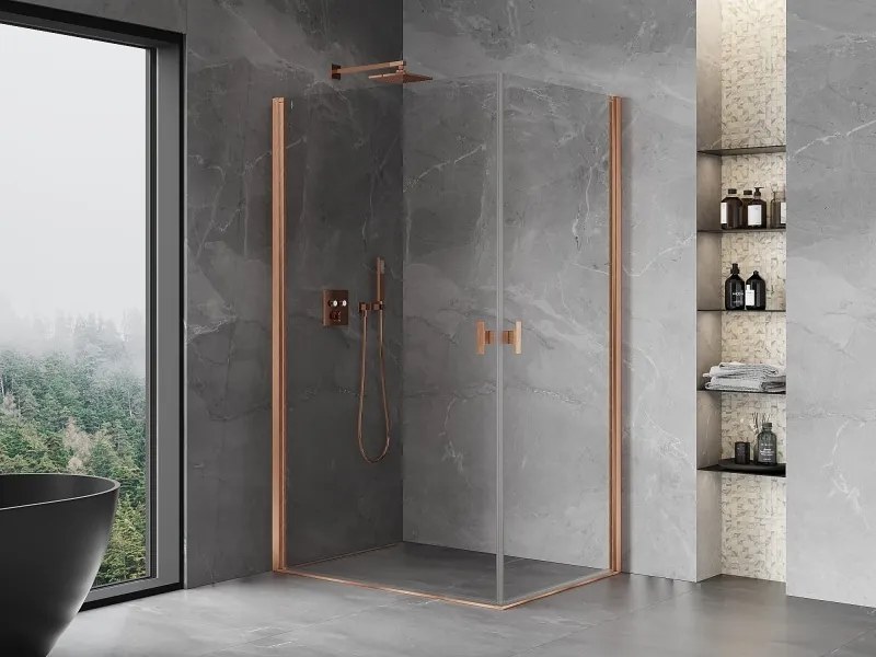 Mexen Mist-B Duo, 2-krídlový výklopný sprchový kút 80 x 75 cm, číre sklo, medený matný profil, 8A2-080-075-65-00