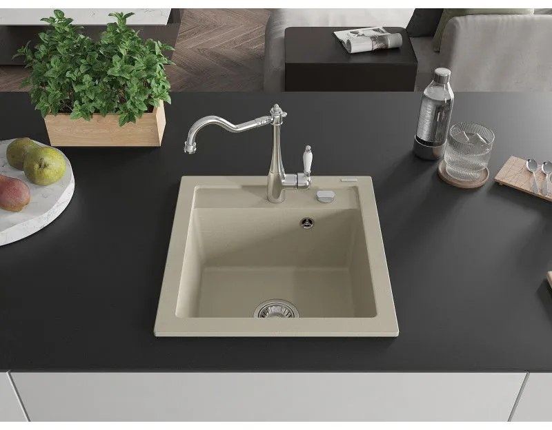 Mexen Vito, granitový drez 490x520x210 mm, 1-komorový a drezová batéria Carla, béžová, 6503-69-670700-00