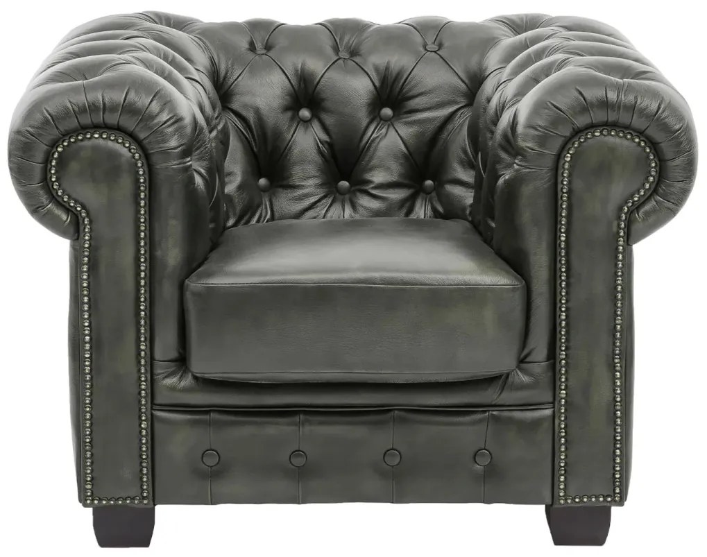 furniture-nabytek.cz - Masivní křeslo Chesterfield z pravé kůže, zelené – 100×90×72 cm