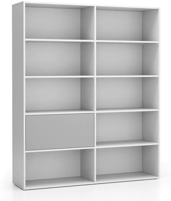 Široký kancelársky policový regál LAYERS, 1 box, 1582 x 400 x 1905, biela / sivá