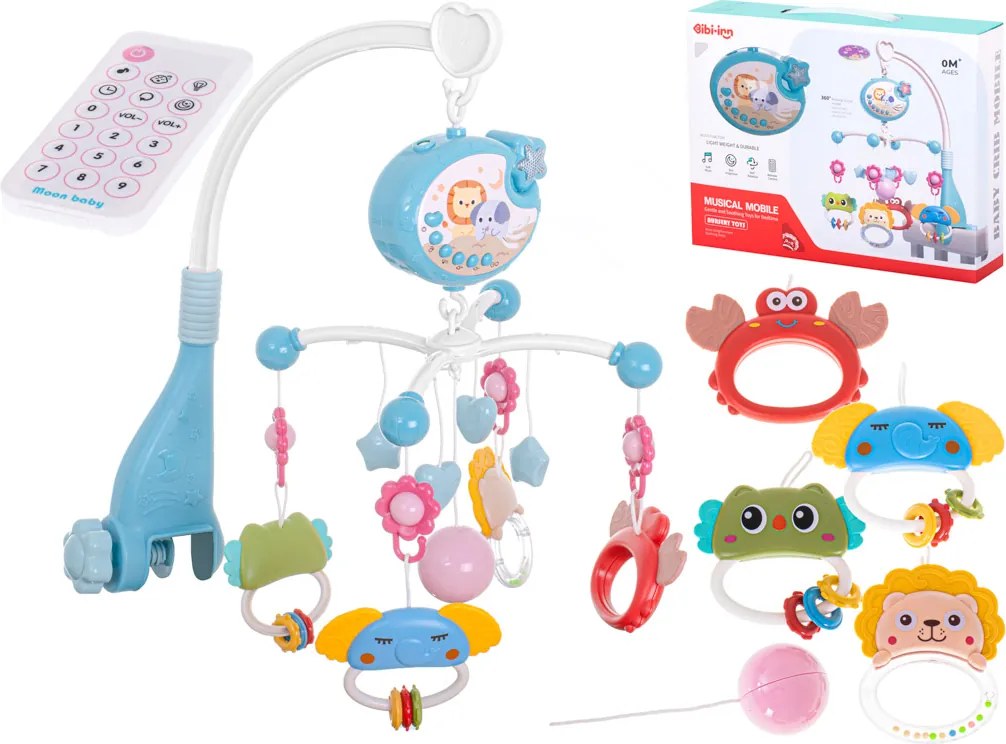 KIK Lullaby Star Design kolotoč nad postieľku s projektorom hviezd a diaľkovým ovládaním, modrý