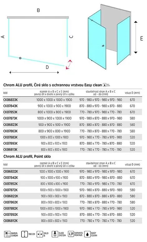 Mereo Lima, sprchovací kút 800x800 cm, štvorec,pivotové dvere, 2x bočná stena, chróm ALU, sklo Point 6mm, MER-CK86812K