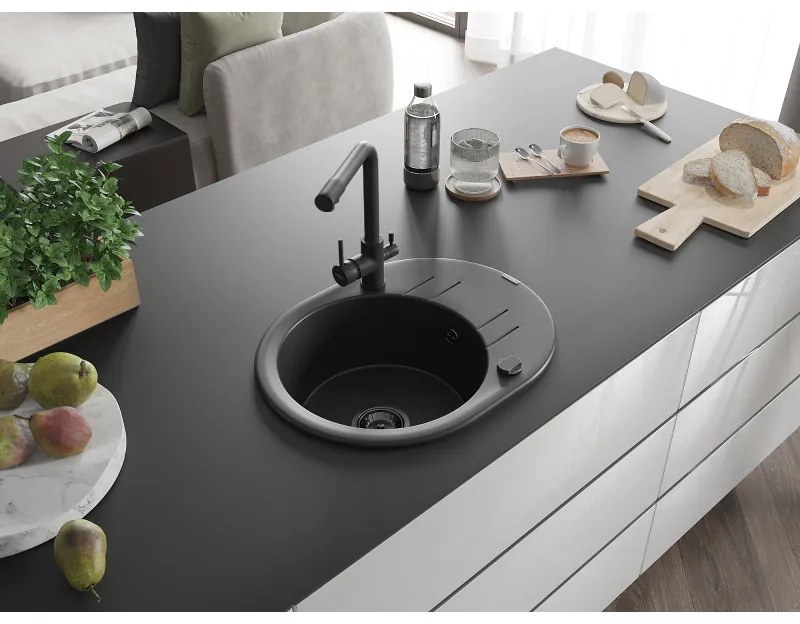 Mexen Kevin, 1-komorový granitový drez 586x458x190 mm a drezová batéria Duero, čierna, 6517-77-671600-70-B