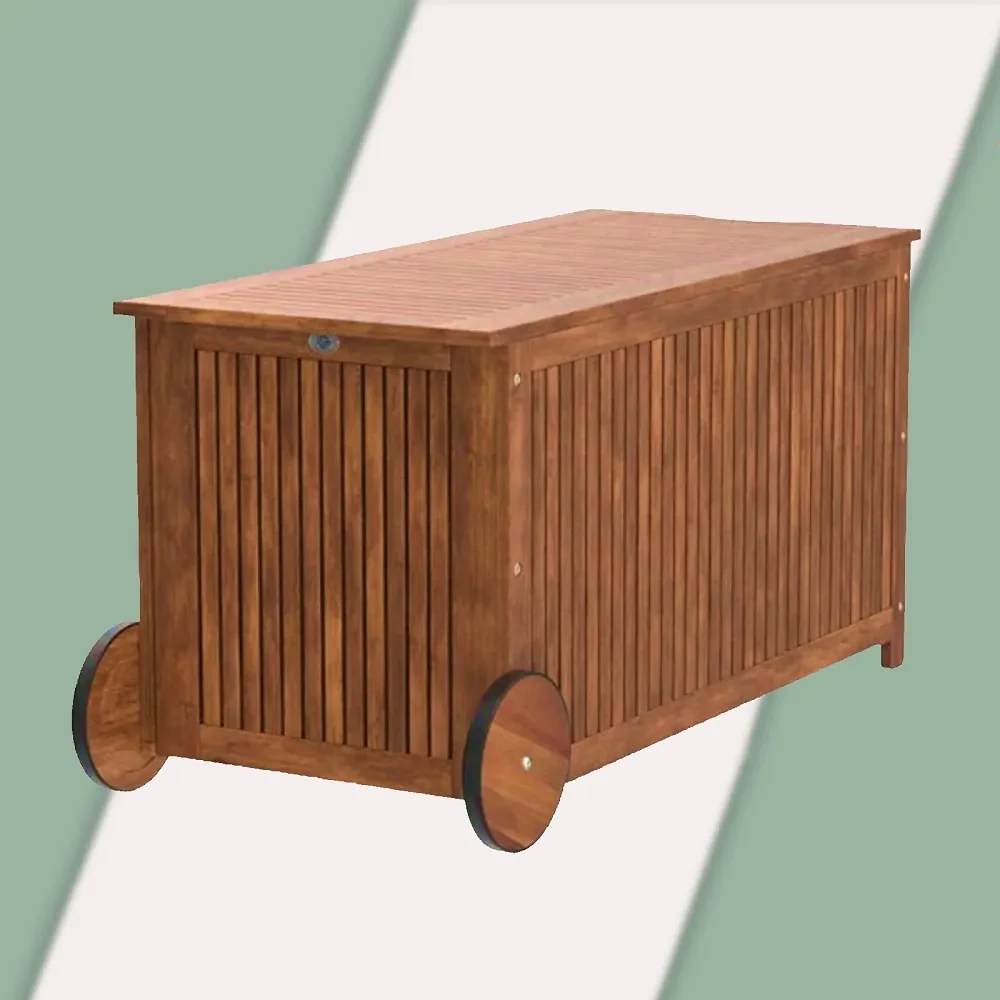 Drevený úložný box s kolieskami Acacia 117 cm vrátane vnútornej plachty