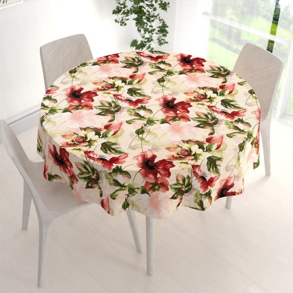 Biante Zamatový okrúhly obrus Tamara TMR-051 Abstraktné červené kvety na žltobéžovom Ø 40 cm