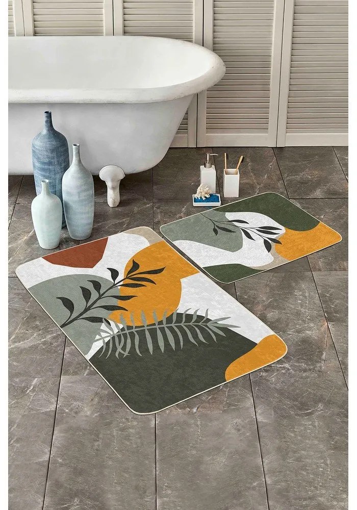 Zelené zamatové kúpeľňové predložky v súprave 2 ks 60x100 cm Illustrated Autumn – Mila Home