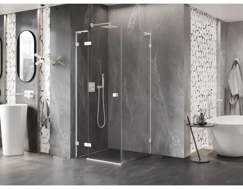 Mexen Lunar, L sklápací sprchový kút ľavý 70 x 70 cm, 8mm číre sklo, biely profil, 834L-070-070-20-00-L