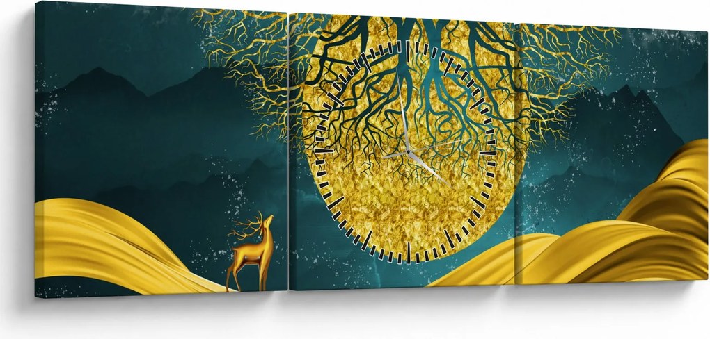 Obraz - Abstrakcia, Zlatá krajina (s hodinami) (90x30 cm)