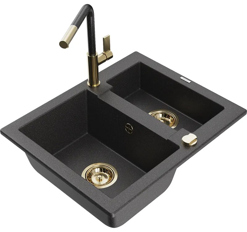 Mexen Carlos, 1,5-komorový granitový drez 582x475x177 mm a drezová batéria Flora, čierna škvrnitá, 6518-76-670401-75-G