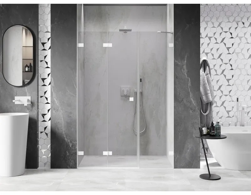 Mexen Lunar-F, skladacie ľavé sprchové dvere 130 cm, 8mm číre sklo, biely profil, 836S-130-050-20-00-L